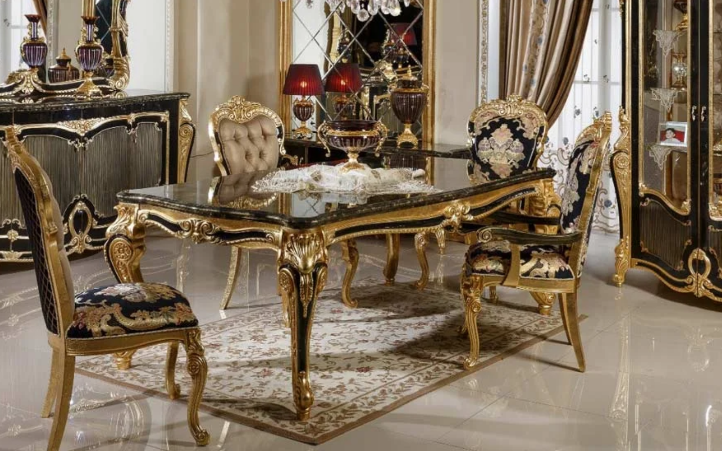 Hk İnci Klasik Siyah Gold Yemek Masası