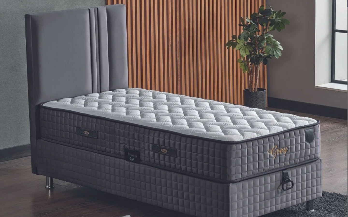 Grey Yatak Baza Başlık Set (90 cm X 190 cm)