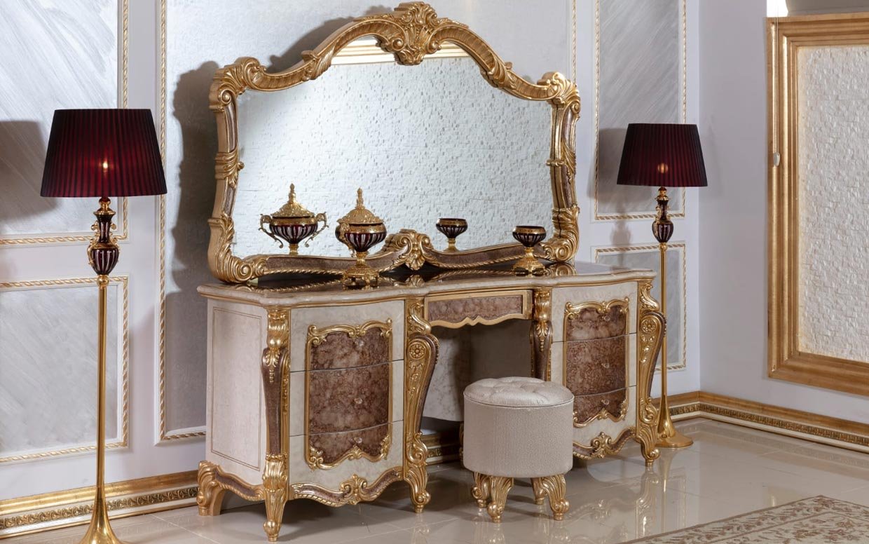 Hk İnci Klasik Kahve Gold Şifonyer ve Puf